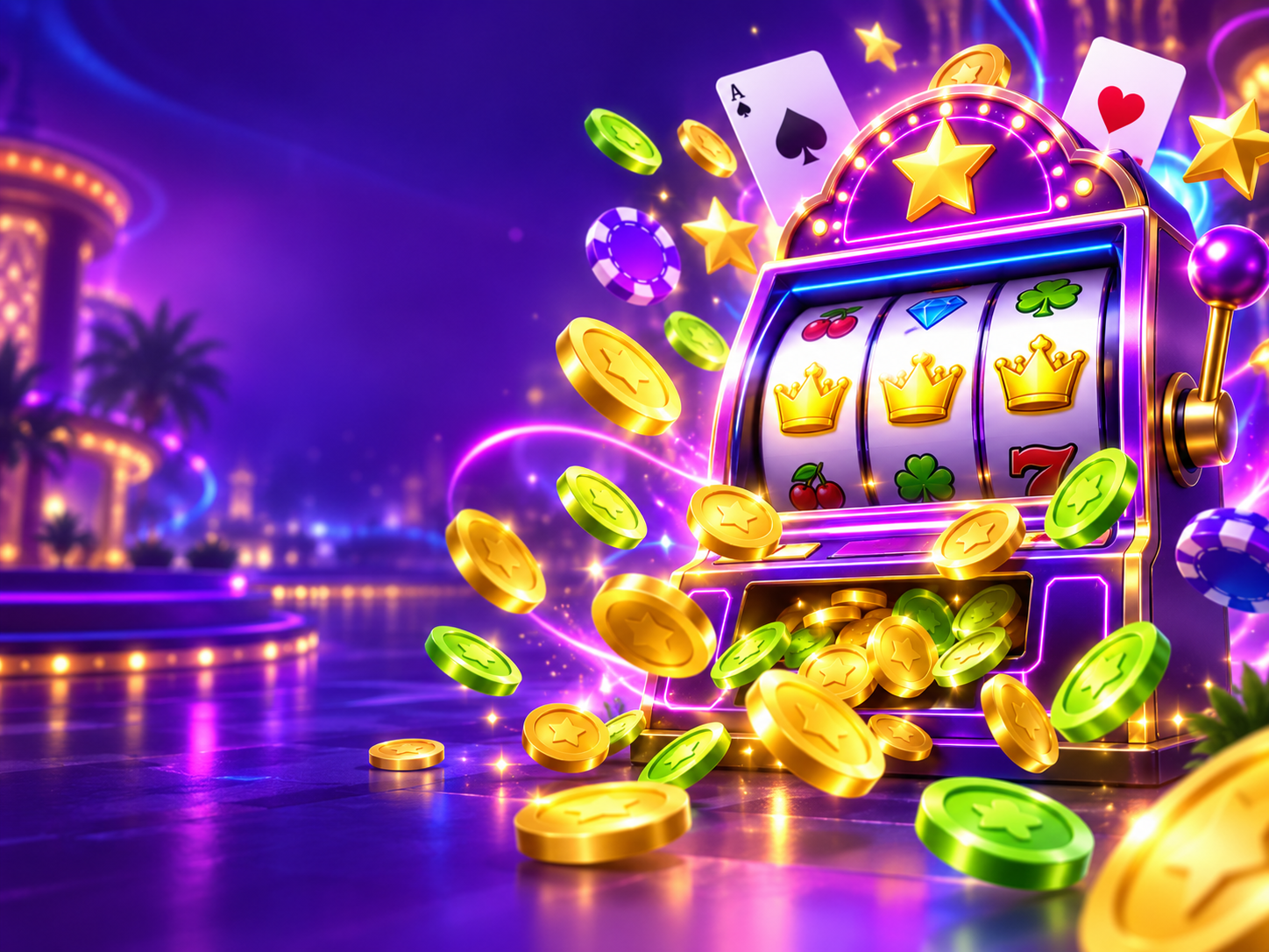 A colorful casino-style slot machine surrounded by virtual coins and game symbols